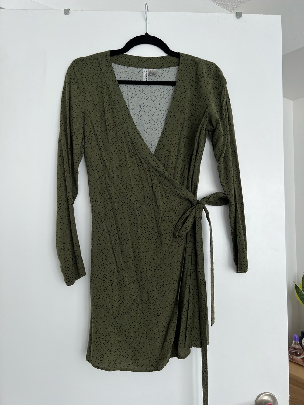 Divided Olive Green Long Sleeve Wrap Dress with Tie